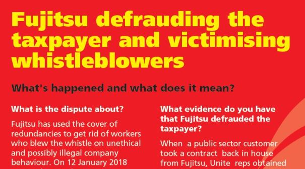 Top of leaflet reads "Fujitsu defrauding the taxpayer and victimising whistleblowers"